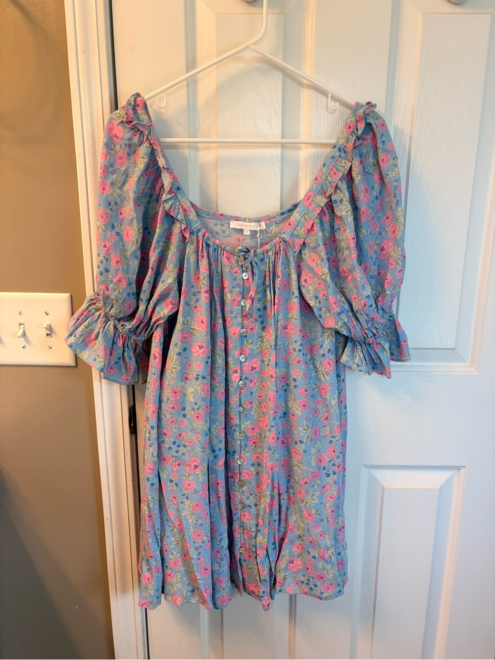 Olivaceous Blue Floral Button-Front Peasant Dress